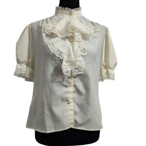 Vintage Brian Michele Puff Sleeve Ruffle Tuxedo Button Down Ivory Petite